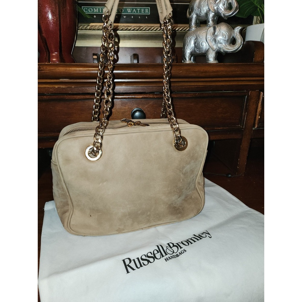 Vintage Russell & Bromley‎ Luxury Handbag, Tan Suede, Gold Hardware, Dust Bag